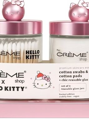 Hello Kitty x The Crème Shop Pink Reusable Glass Jars - Cotton Swabs & Pads Set